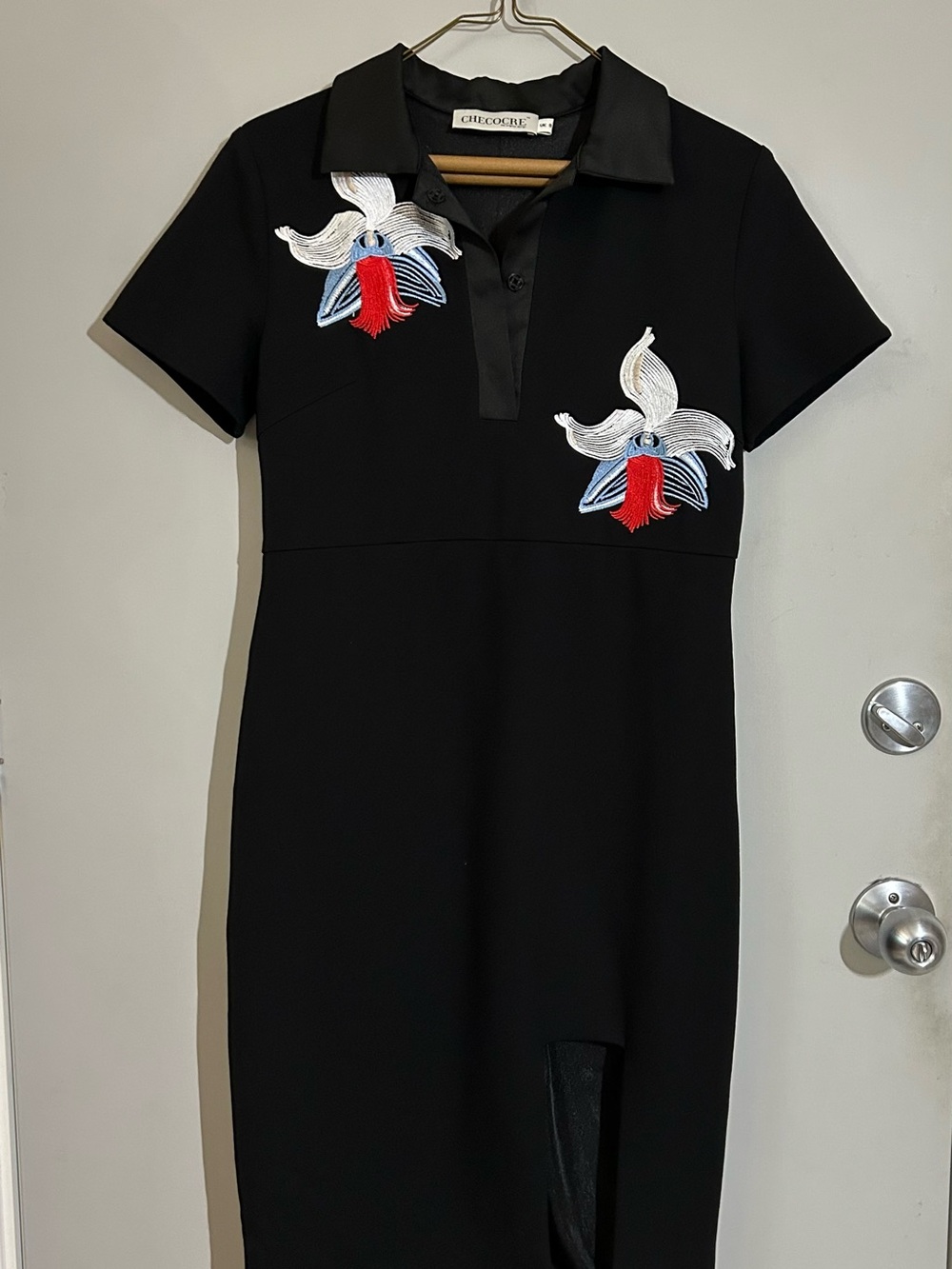 CHECOCRE couture Black knit polo shirt style dress Floral Embroidery UK8 US4